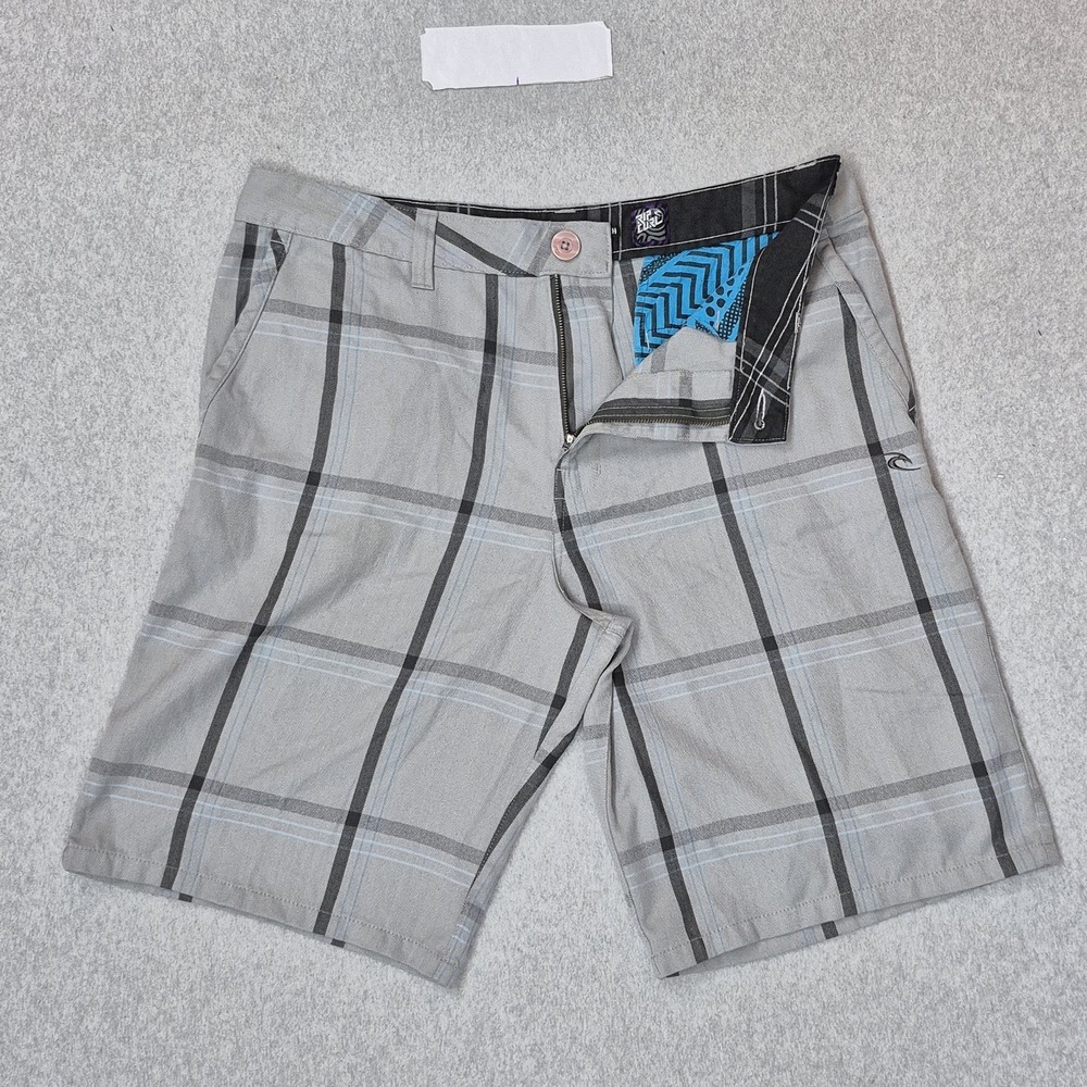 Rip Curl Men Shorts 36 Gray Embroidered Plaid Bermuda Board Shorts 11" Inseam